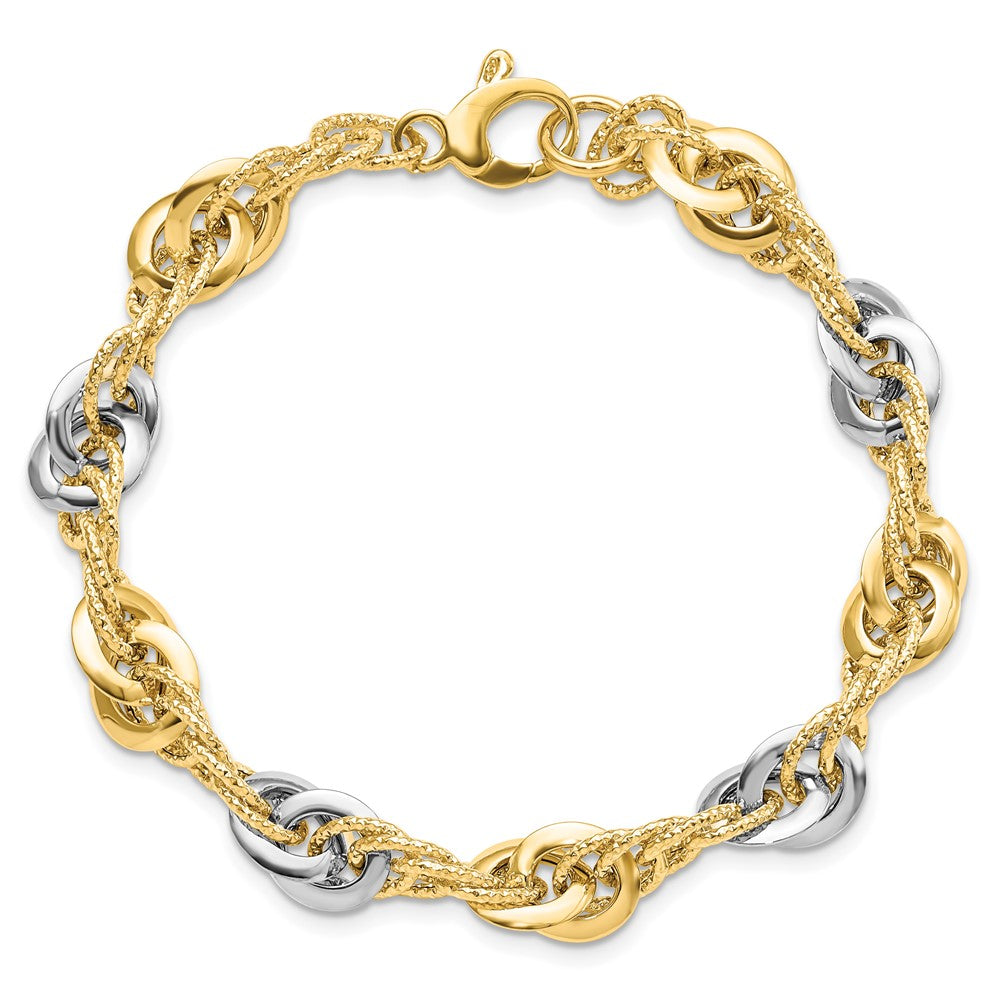 7.5 Zoll 14K Bicolor Poliert Diamantiert Fantasieglieder Armband