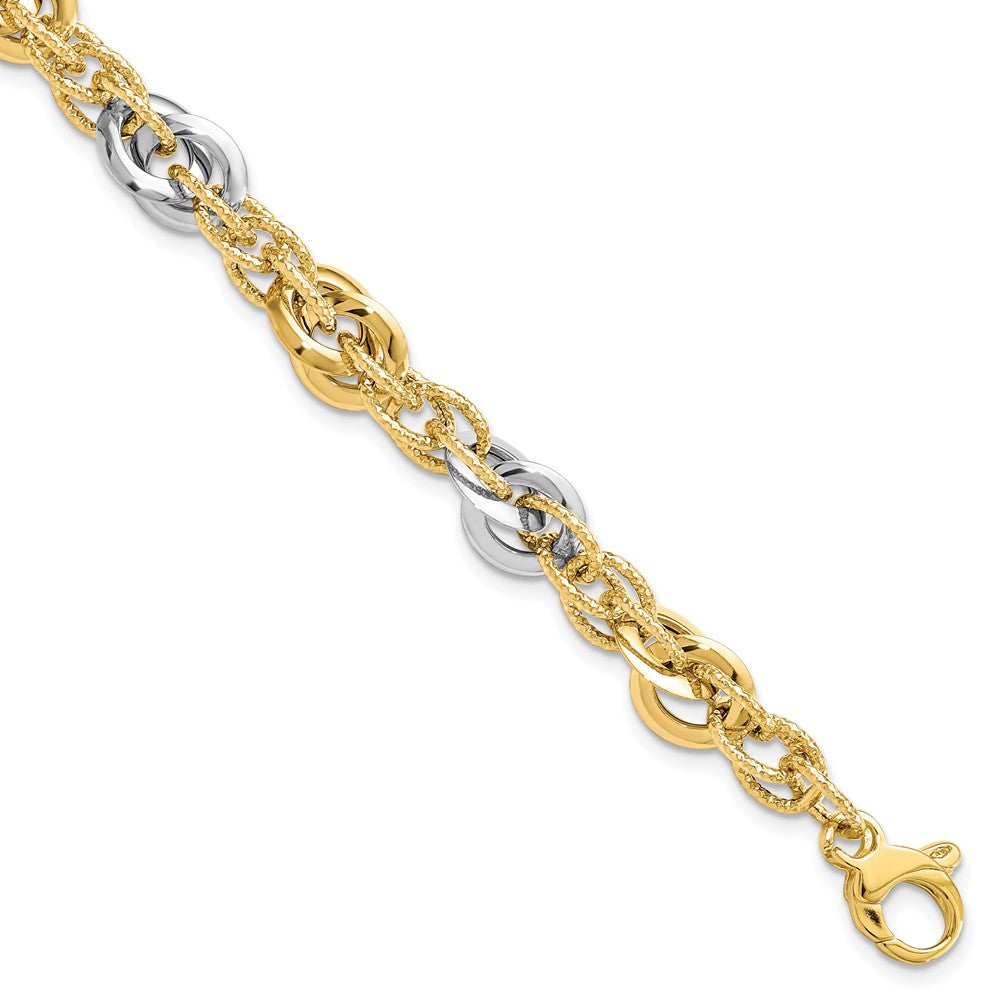 7.5 Zoll 14K Bicolor Poliert Diamantiert Fantasieglieder Armband