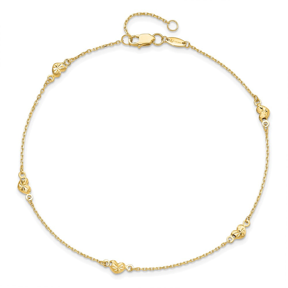 14K Gelbgold Poliert und Diamantiert Herz mit 1 Zoll Verlängerung. Fußkettchen