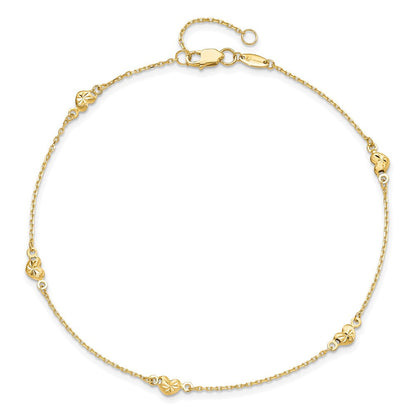 14K Gelbgold Poliert und Diamantiert Herz mit 1 Zoll Verlängerung. Fußkettchen