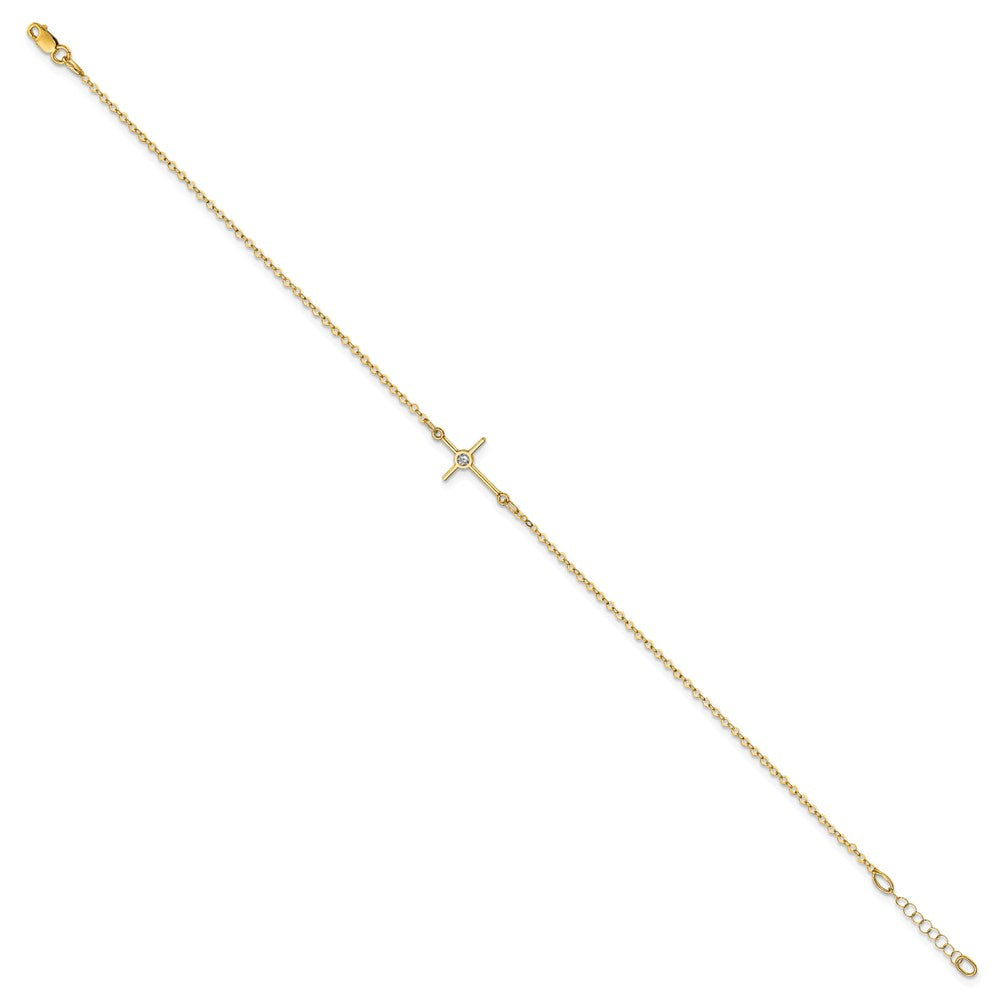 14K Gelbgold Poliert Zirkonia Kreuz Fußkettchen