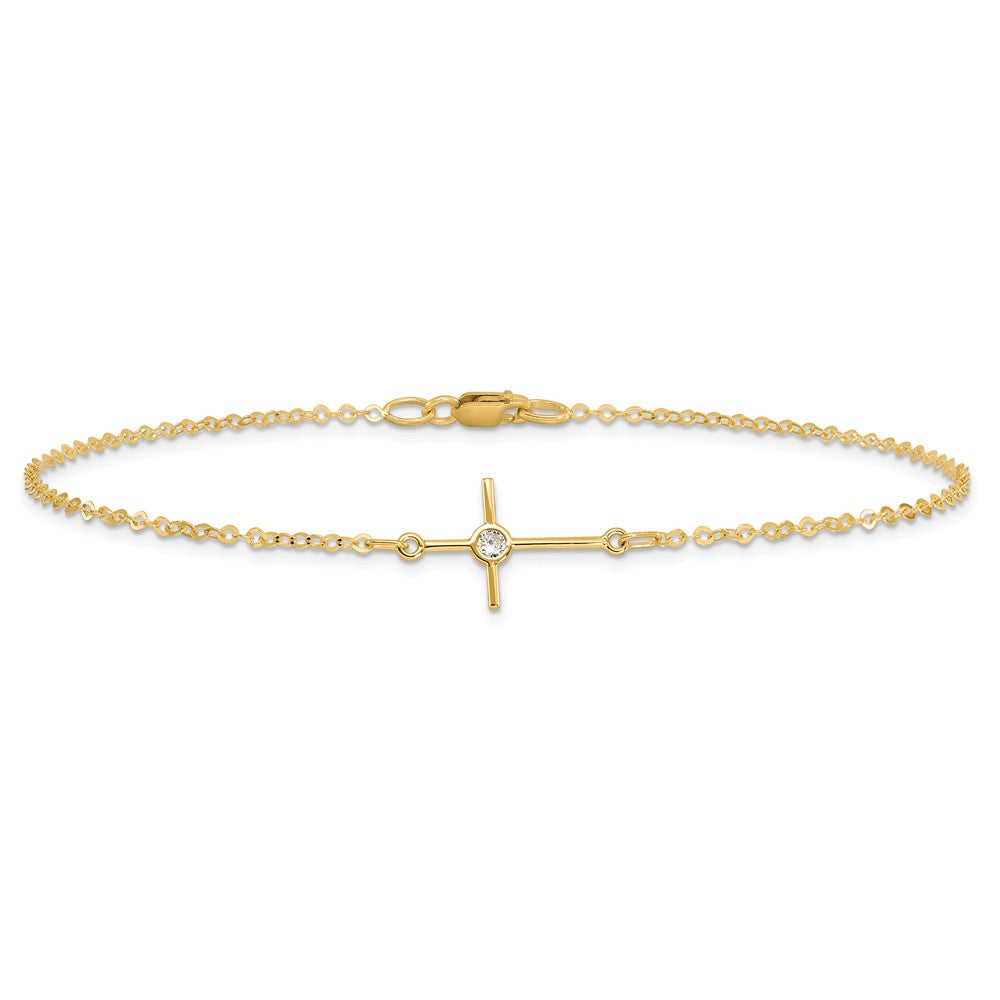 14K Gelbgold Poliert Zirkonia Kreuz Fußkettchen