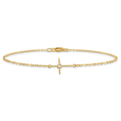 14K Gelbgold Poliert Zirkonia Kreuz Fußkettchen