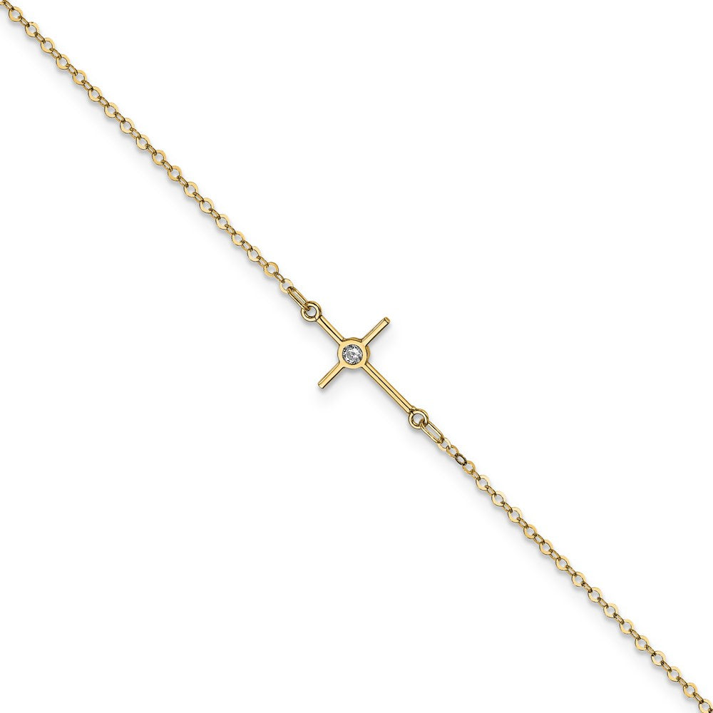 14K Gelbgold Poliert Zirkonia Kreuz Fußkettchen