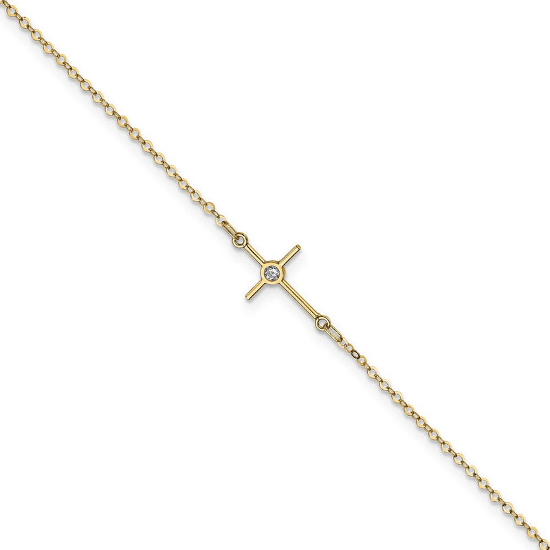 14K Gelbgold Poliert Zirkonia Kreuz Fußkettchen