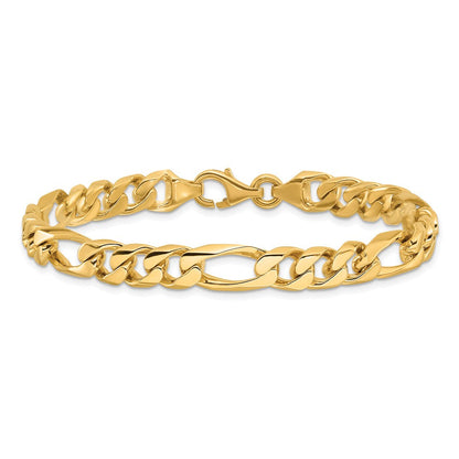 Massiv 14K Gelbgold 8mm Hand Poliert Figaro Glieder mit Fantasie Karabinerverschluss Gliederarmband