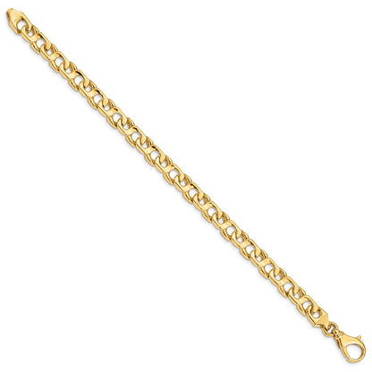 Massiv 14K Gelbgold 7.4mm Hand Poliert Fantasieglieder mit Fantasie Karabinerverschluss Gliederarmband