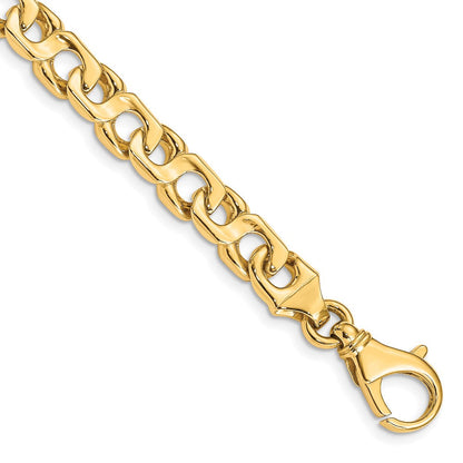 Massiv 14K Gelbgold 7.4mm Hand Poliert Fantasieglieder mit Fantasie Karabinerverschluss Gliederarmband