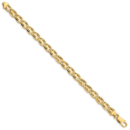Massiv 14K Gelbgold 7.5mm Hand Poliert Fantasieglieder mit Karabinerverschluss Gliederarmband
