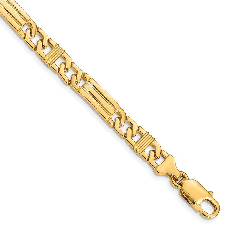 Massiv 14K Gelbgold 7mm Hand Poliert Fantasieglieder mit Karabinerverschluss Gliederarmband