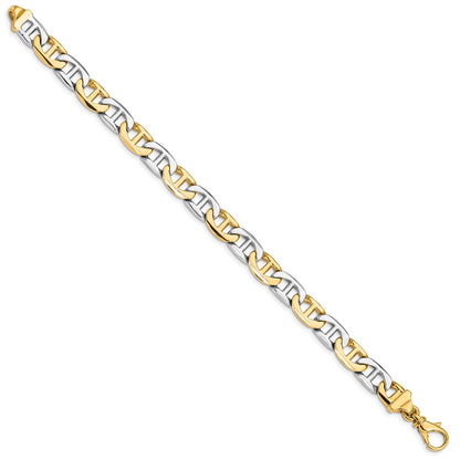 Massiv 14K Bicolor Gold 8mm Hand Poliert Fantasie Flach Anker Glieder mit Fantasie Karabinerverschluss Gliederarmband