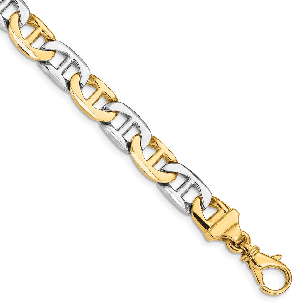 Massiv 14K Bicolor Gold 8mm Hand Poliert Fantasie Flach Anker Glieder mit Fantasie Karabinerverschluss Gliederarmband