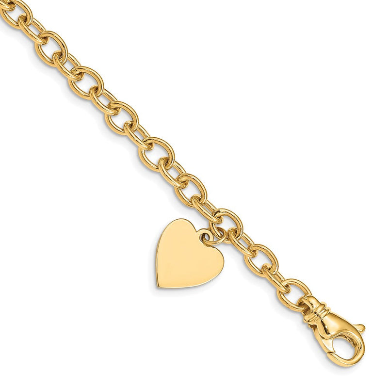 14K Gelbgold Gravierbar 19x13mm Massiv Hängend Herz Charm und Poliert Glieder Armband