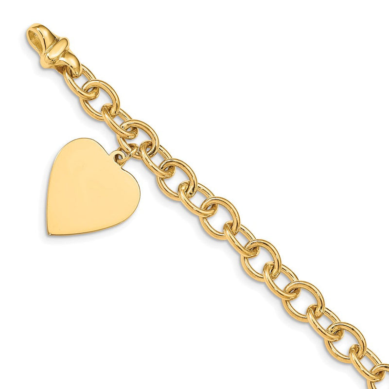 14K Gelbgold Gravierbar 23x17mm Massiv Hängend Herz Charm und Poliert Glieder Armband