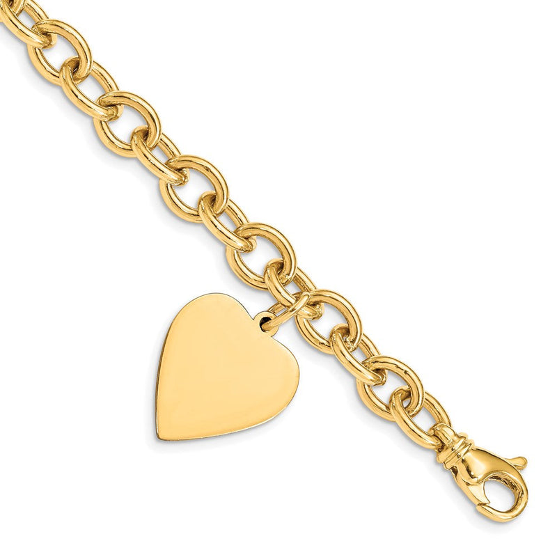 14K Gelbgold Gravierbar 25x19mm Massiv Hängend Herz Charm und Poliert Glieder Armband