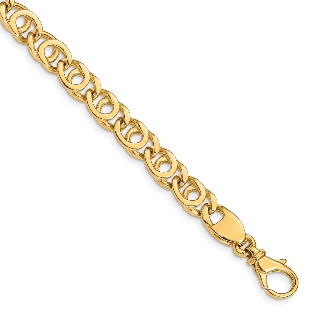 Massiv 14K Gelbgold 7mm Hand Poliert Fantasieglieder mit Fantasie Karabinerverschluss Gliederarmband