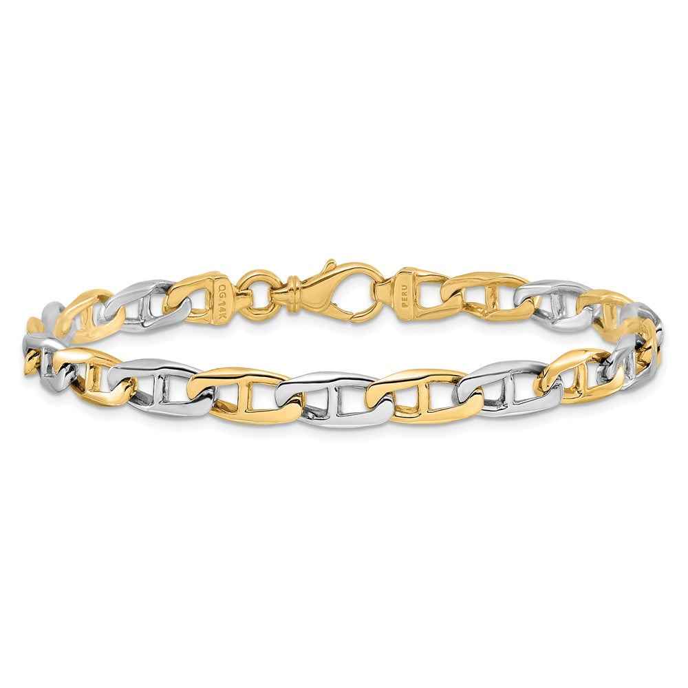 Massiv 14K Bicolor Gold 6.6mm Hand Poliert Fantasie Flach Anker Glieder mit Fantasie Karabinerverschluss Gliederarmband