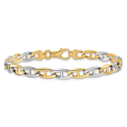 Massiv 14K Bicolor Gold 6.6mm Hand Poliert Fantasie Flach Anker Glieder mit Fantasie Karabinerverschluss Gliederarmband