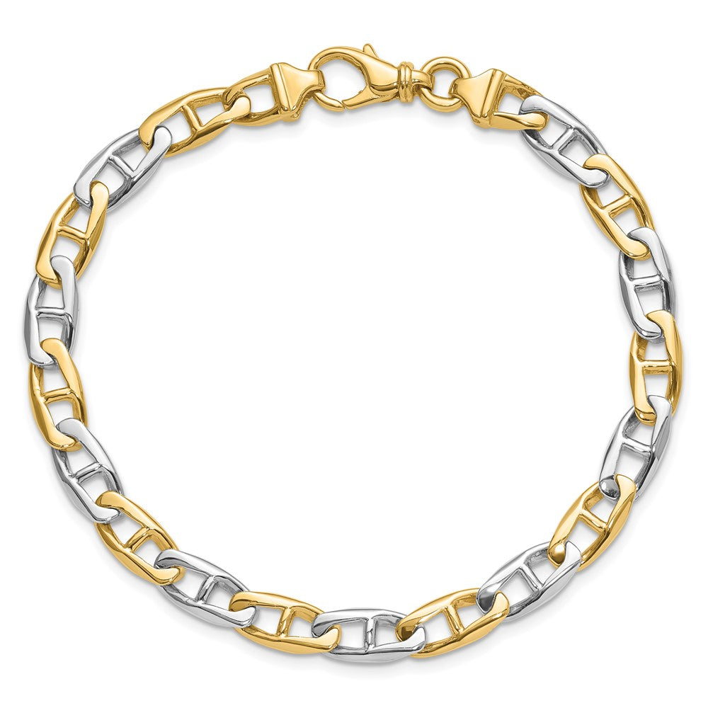 Massiv 14K Bicolor Gold 6.6mm Hand Poliert Fantasie Flach Anker Glieder mit Fantasie Karabinerverschluss Gliederarmband