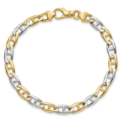 Massiv 14K Bicolor Gold 6.6mm Hand Poliert Fantasie Flach Anker Glieder mit Fantasie Karabinerverschluss Gliederarmband