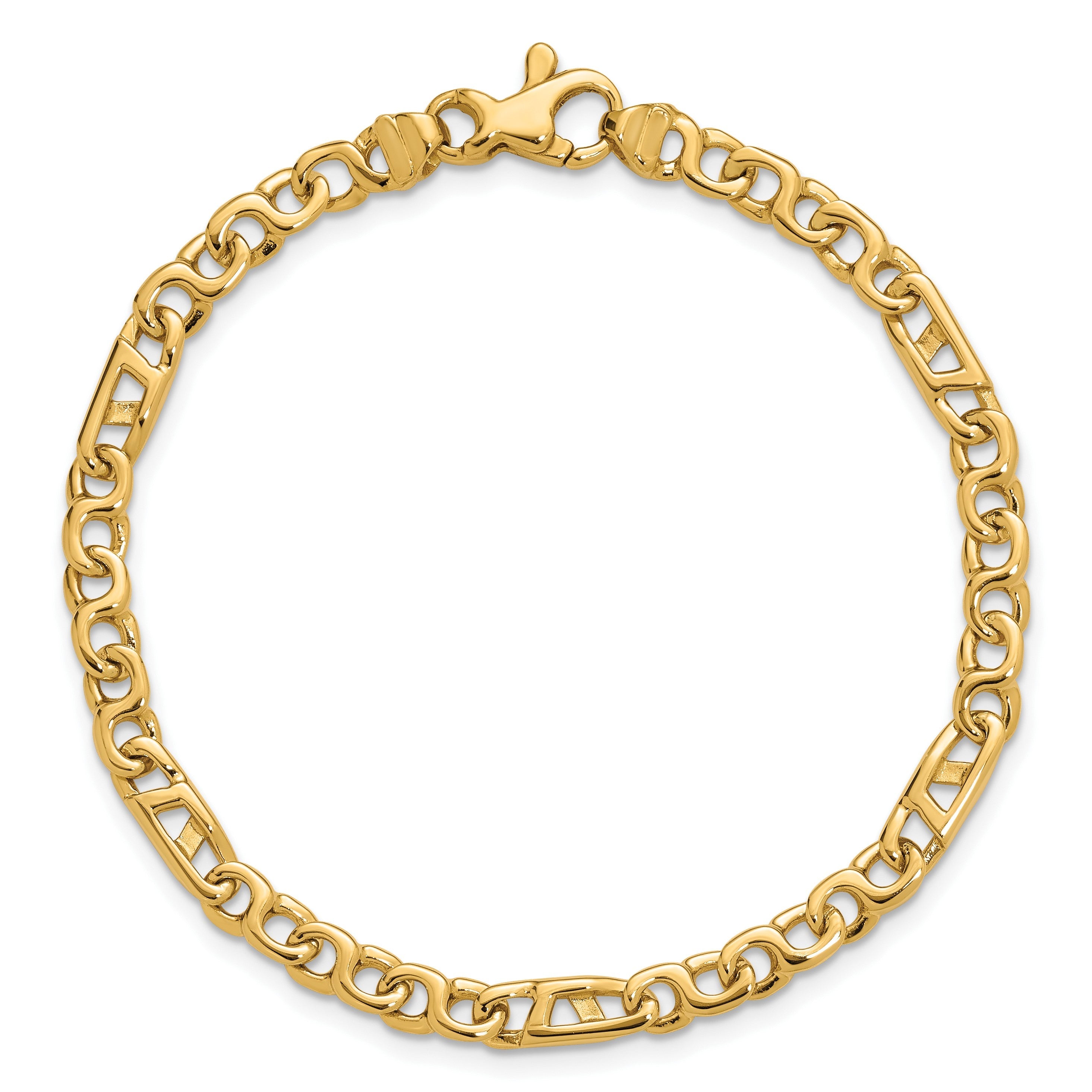 Massiv 14K Gelbgold 4.3mm Hand Poliert Fantasieglieder mit Fantasie Karabinerverschluss Gliederarmband
