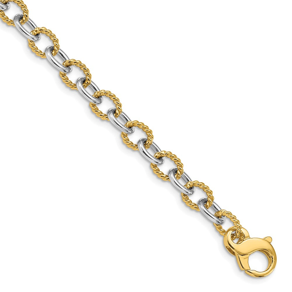 Massiv 14K Bicolor Gold 6.5mm Hand Poliert und Strukturiert Fantasieglieder mit Fantasie Karabinerverschluss Gliederarmband