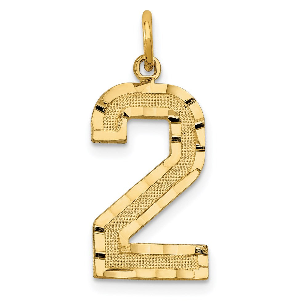 14K Gelbgold großer gebürsteter Charm mit Diamantschliff „Zahl 2
