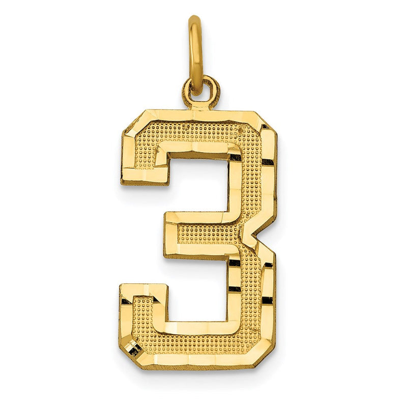 Großer gebürsteter, diamantgeschliffener Zahl-3-Charm aus 14K Gelbgold