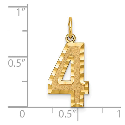 14K Gelbgold Großer Gebürsteter Diamantierter Zahl-4-Charm