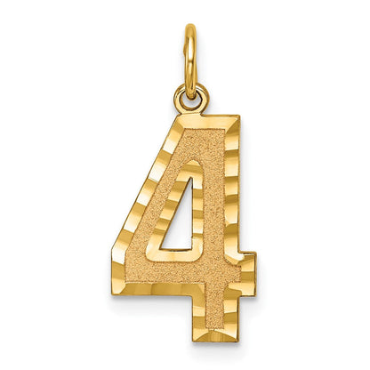 14K Gelbgold Großer Gebürsteter Diamantierter Zahl-4-Charm