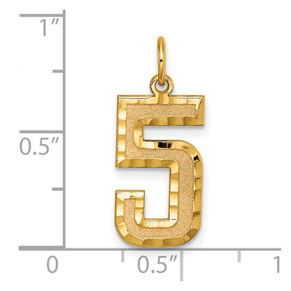 14K Gelbgold großer gebürsteter Charm mit Diamantschliff „Zahl 5“