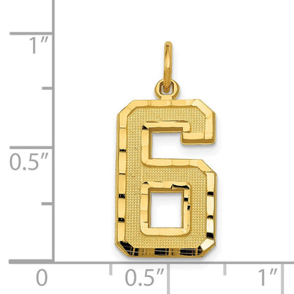 14K Gelbgold großer gebürsteter Charm mit Diamantschliff „Zahl 6“