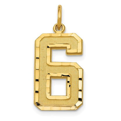 14K Gelbgold großer gebürsteter Charm mit Diamantschliff „Zahl 6“