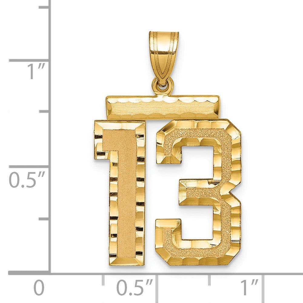 14K Gelbgold großer gebürsteter Charm mit Diamantschliff, Zahl 13