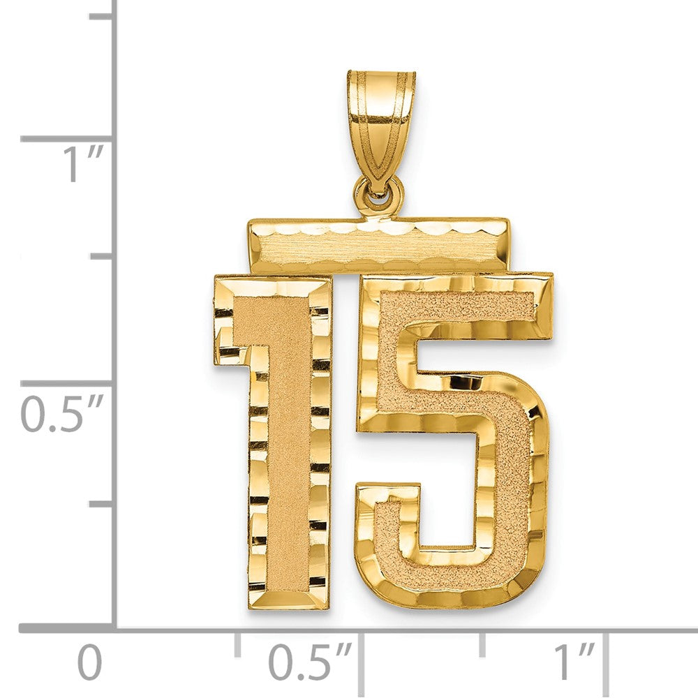 14K Gelbgold großer gebürsteter Charm mit Diamantschliff "Zahl 15
