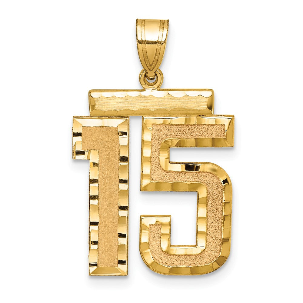 14K Gelbgold großer gebürsteter Charm mit Diamantschliff "Zahl 15