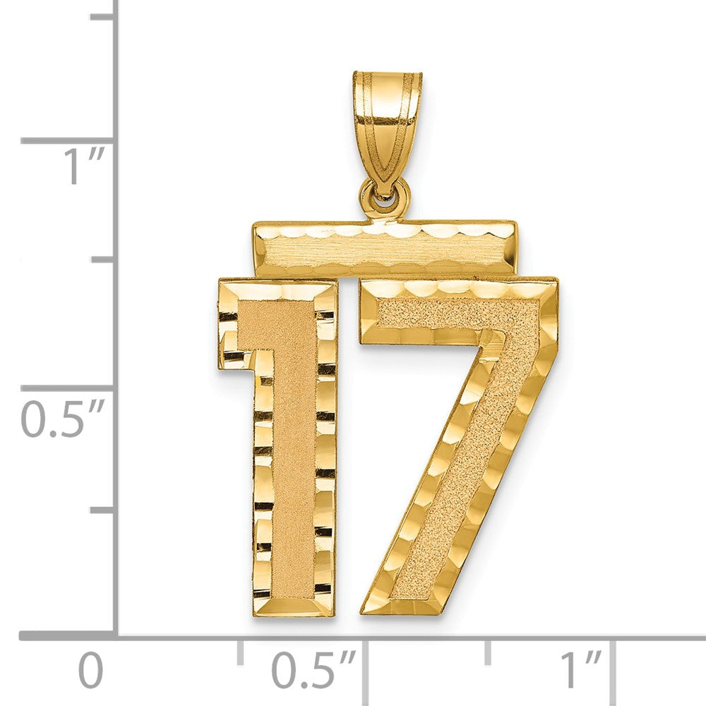 14K Gelbgold großer gebürsteter Charm mit Diamantschliff „Zahl 17“