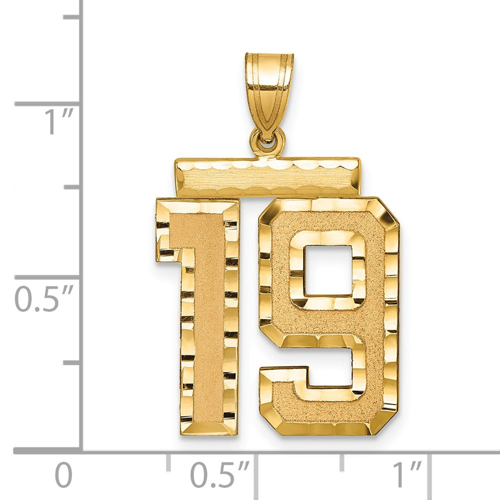 14K Gelbgold großer gebürsteter Charm mit Diamantschliff, Zahl 19