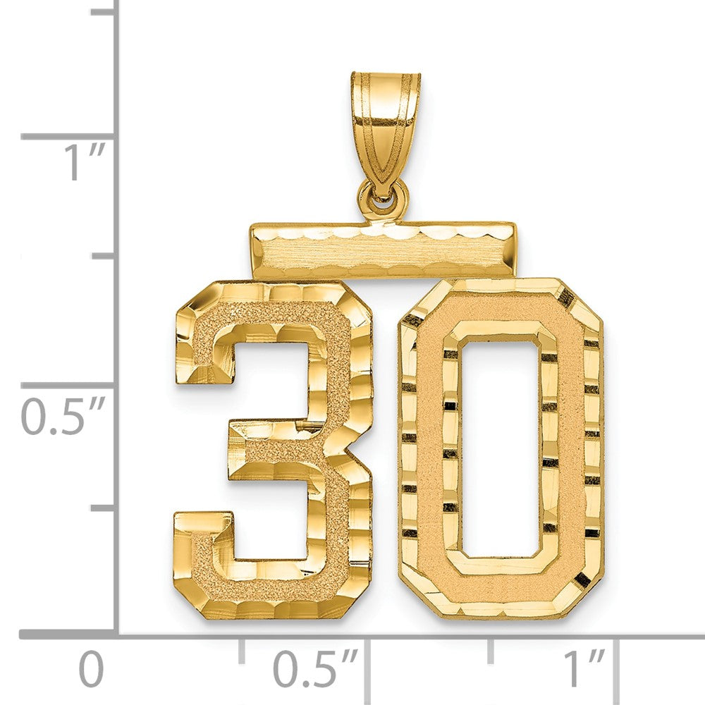 14K Gelbgold großer gebürsteter Charm mit Diamantschliff „Zahl 30