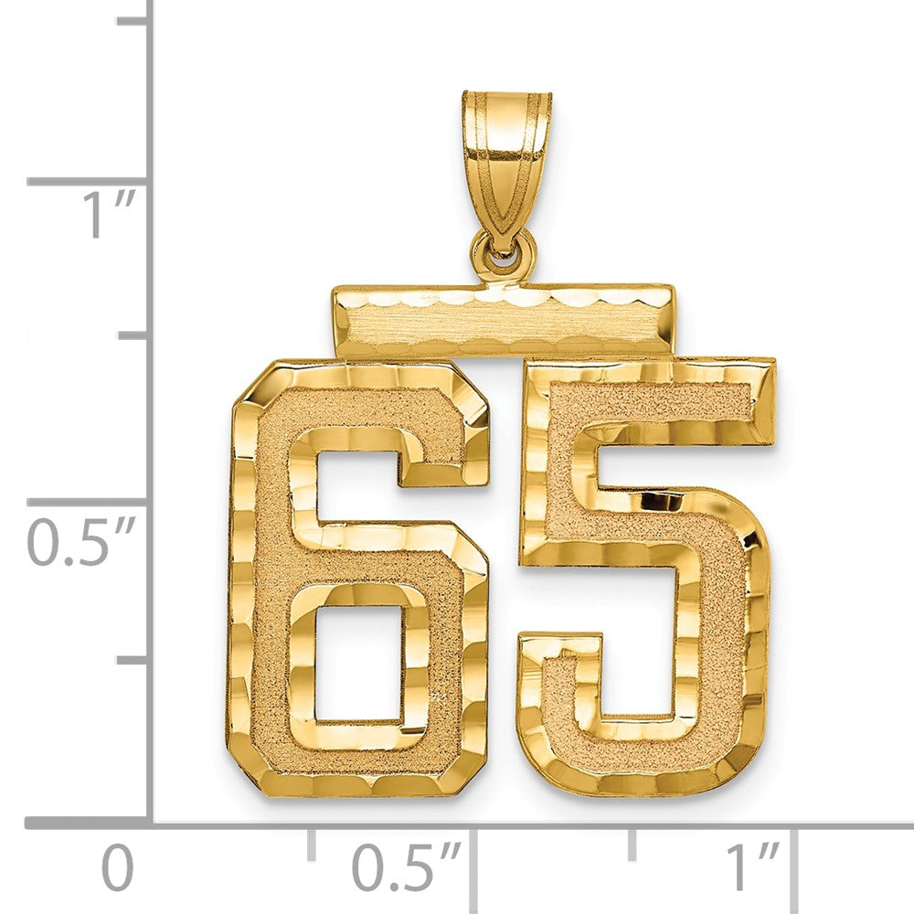 14K Gelbgold großer gebürsteter Charm mit Diamantschliff, Zahl 65