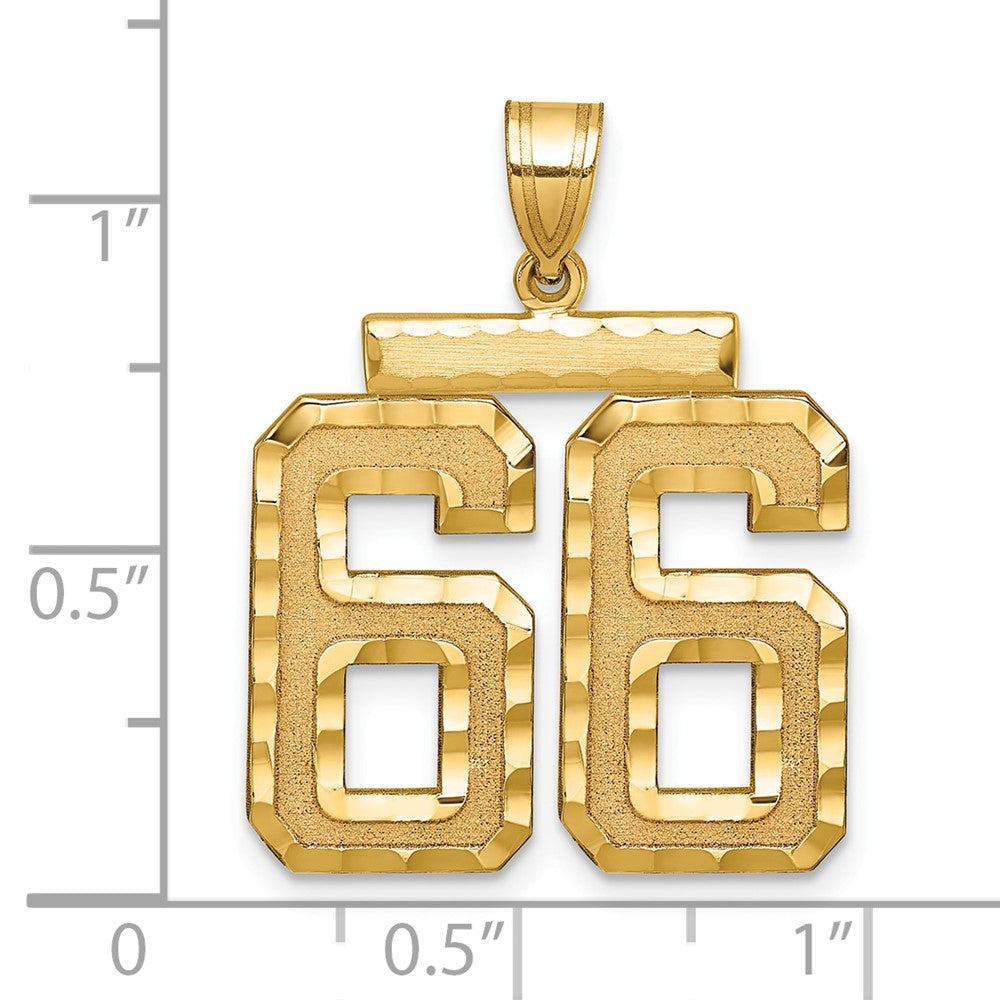 14K Gelbgold großer gebürsteter Charm mit Diamantschliff, Zahl 66