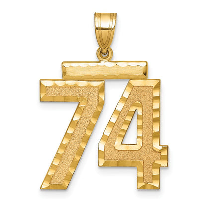 14K Gelbgold großer gebürsteter Charm mit Diamantschliff „Zahl 74“