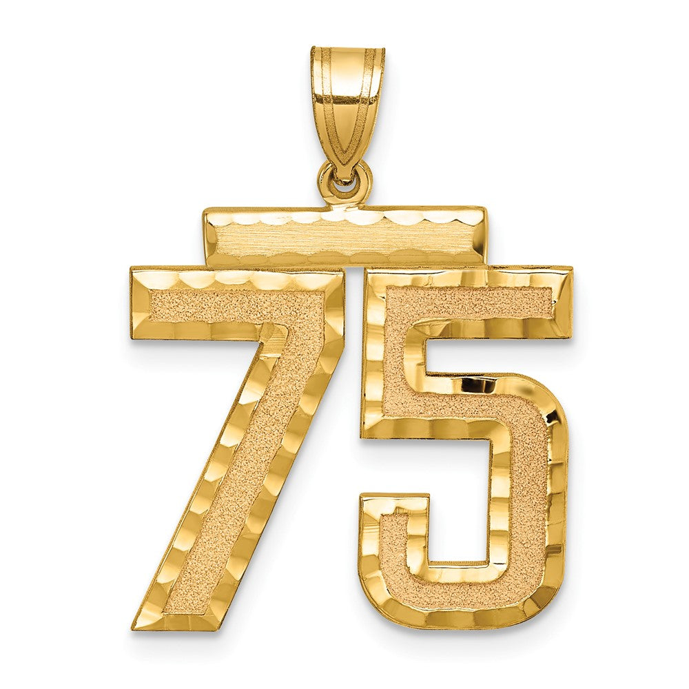 14K Gelbgold großer gebürsteter Zahl-75-Charm mit Diamantschliff