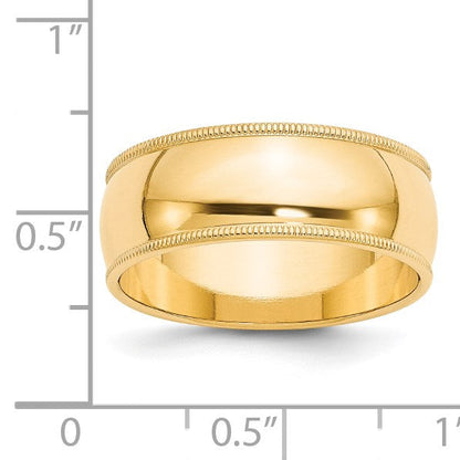 14K Gelbgold Ehering, 8 mm, halbrund mit Milgrain