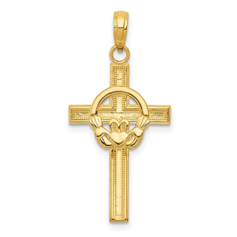 14K Gelbgold Poliert Claddagh Kreuz Anhänger