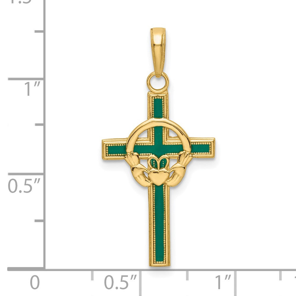 14K Gelbgold Grün Emailliert Claddagh Kreuz Anhänger
