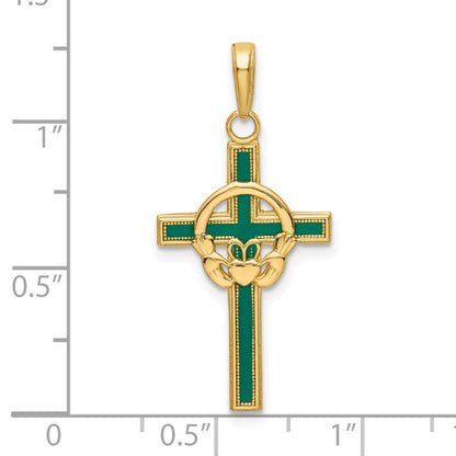 14K Gelbgold Grün Emailliert Claddagh Kreuz Anhänger