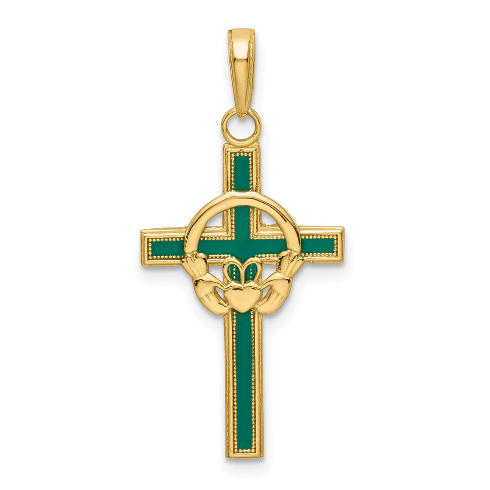 14K Gelbgold Grün Emailliert Claddagh Kreuz Anhänger