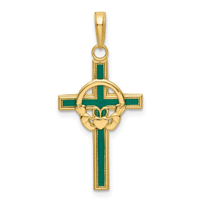 14K Gelbgold Grün Emailliert Claddagh Kreuz Anhänger