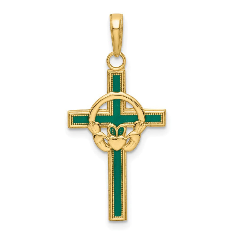 14K Gelbgold Grün Emailliert Claddagh Kreuz Anhänger